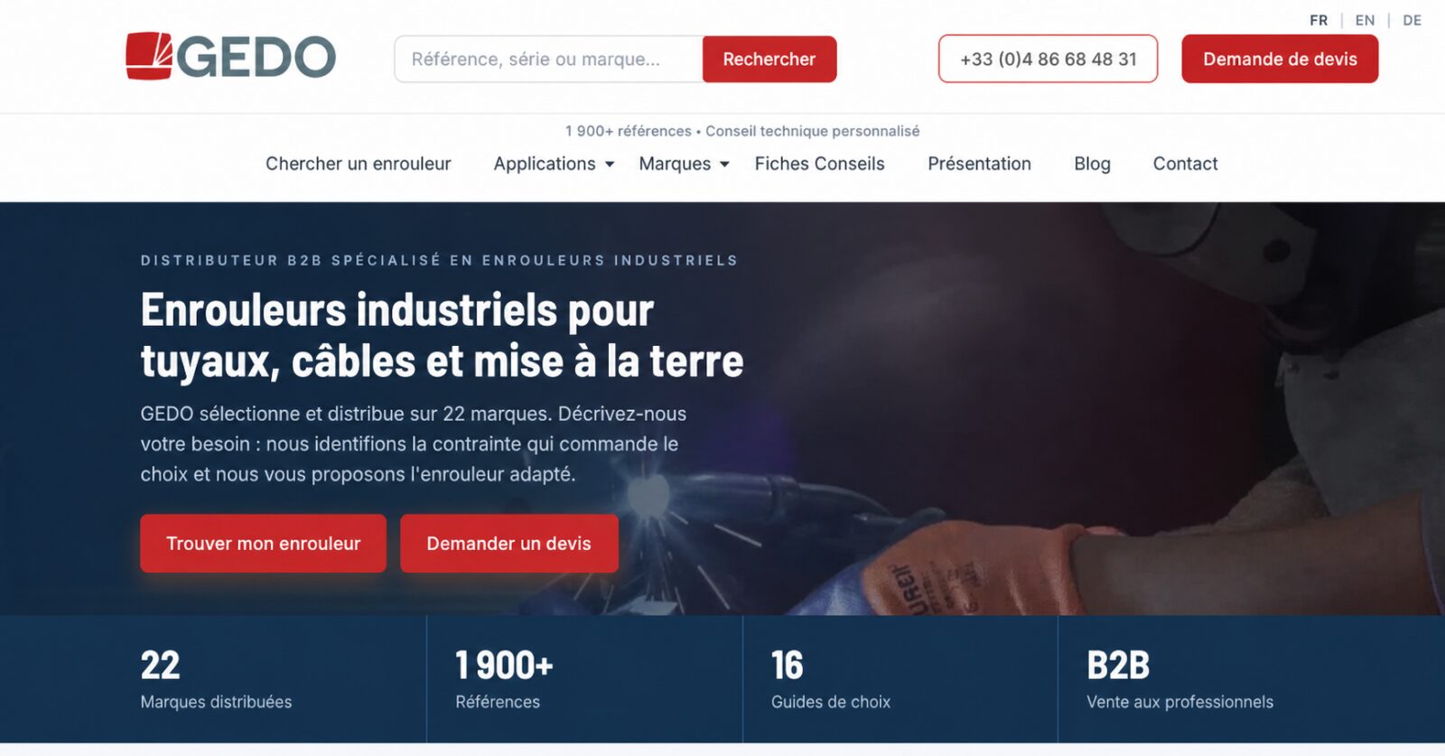 Aperçu du nouveau catalogue d’enrouleurs industriels GEDO : recherche, devis et chiffres clés